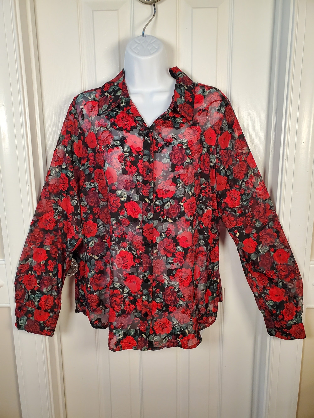 A. Byer Sheer Red and Black Rose Print Button-Up Blouse Sz.  L